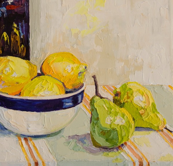 Bowl of Lemons and a Few Pears Close Up