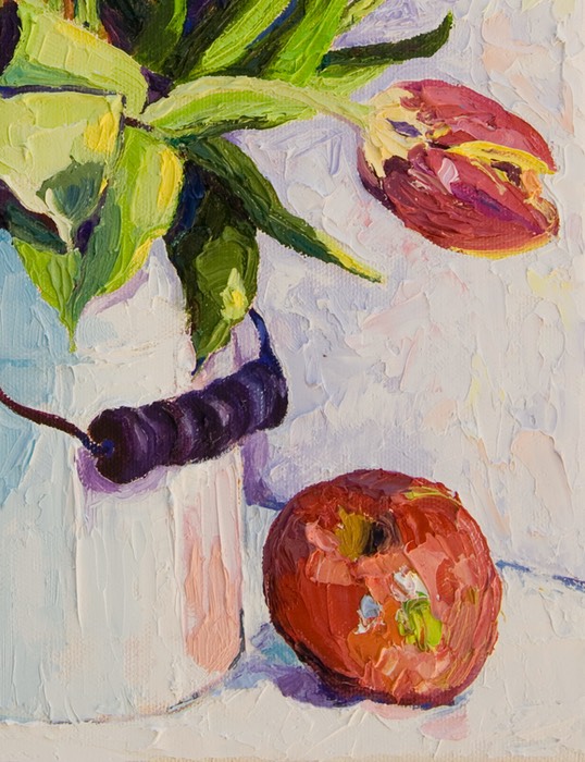 Tulips and a Red Apple Close UP